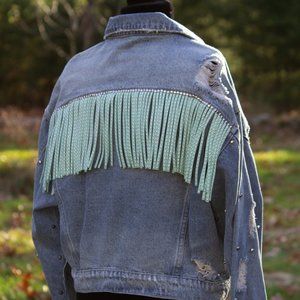 UPCYCLED Denim Distressed Suede Fringe Jacket and Studs
